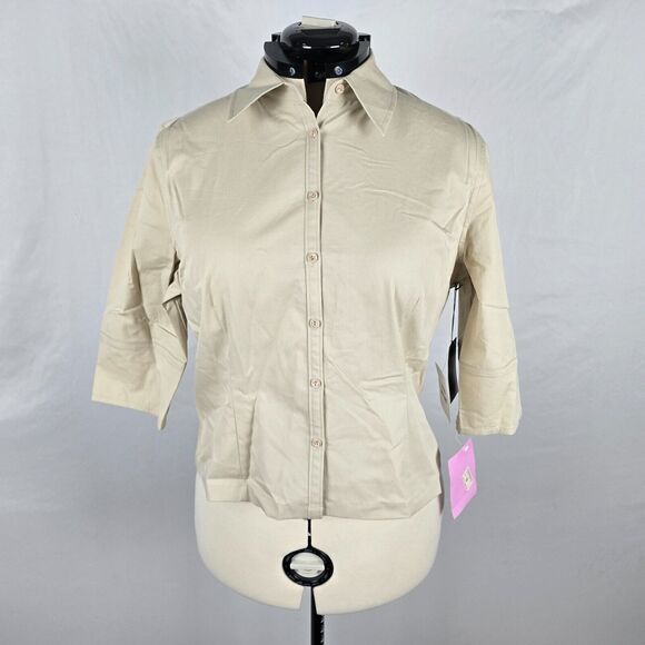 Classiques Entier Women's L Petite Beige Tan Button Down 3/4 Sleeve Collar NWT - Picture 1 of 16